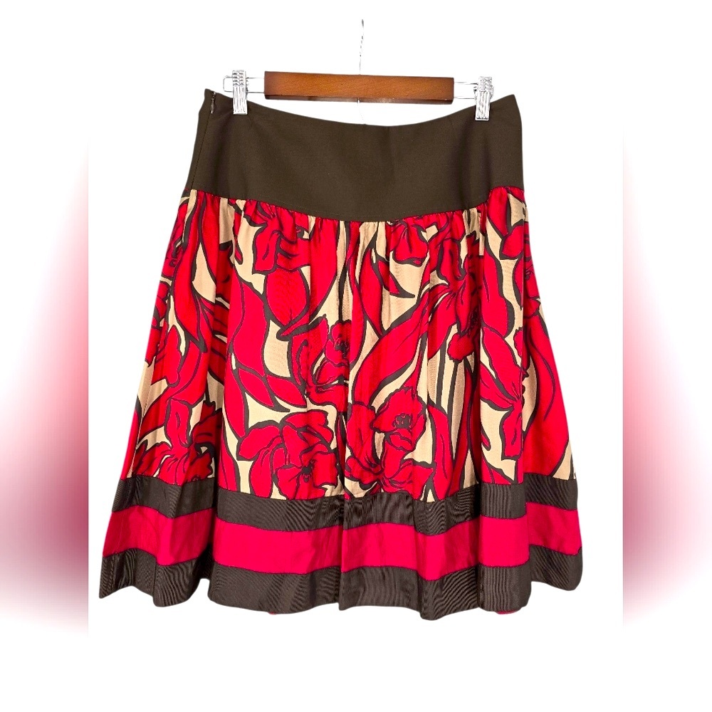 Nygard Collection 100% Silk Red Gold Brown Floral Skirt Size Petites 8